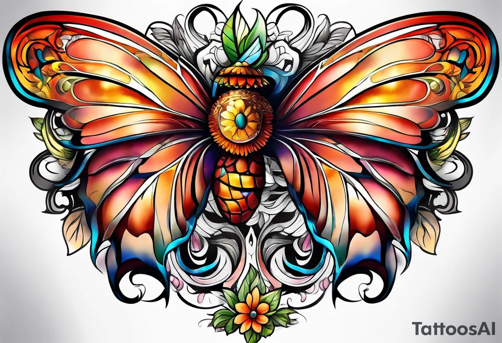 Flower tattoo with wings for full stomach area tattoo idea