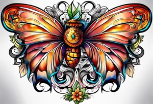 Flower tattoo with wings for full stomach area tattoo idea