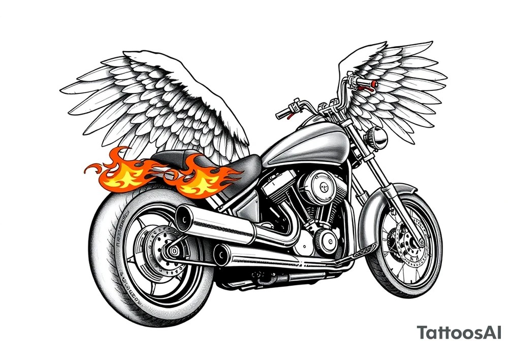 Low rider grey motorcycle, big muffler pipes with flames, angel wings, driving away, no person tattoo idea