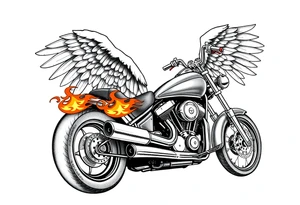 Low rider grey motorcycle, big muffler pipes with flames, angel wings, driving away, no person tattoo idea