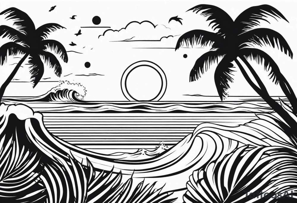 Hawaian beach with a big sun and many waves, only black and white tattoo idea
