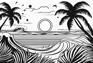 Hawaian beach with a big sun and many waves, only black and white tattoo idea