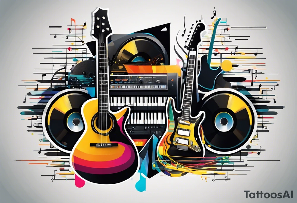 A stylized assembly of various music-related elements. At the center is a cassette tape with realistic details and proportions. It is overlaid with a keyboard, the keys extending outward on one side. There are electric guitars and drums. Intertwined with these are abstract designs, including straight and wavy lines, geometric shapes like triangles, and scientific elements like an atom model. tattoo idea