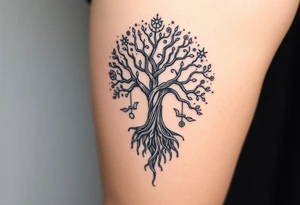 mystical tree of life with cosmic roots and celestial branches tattoo idea