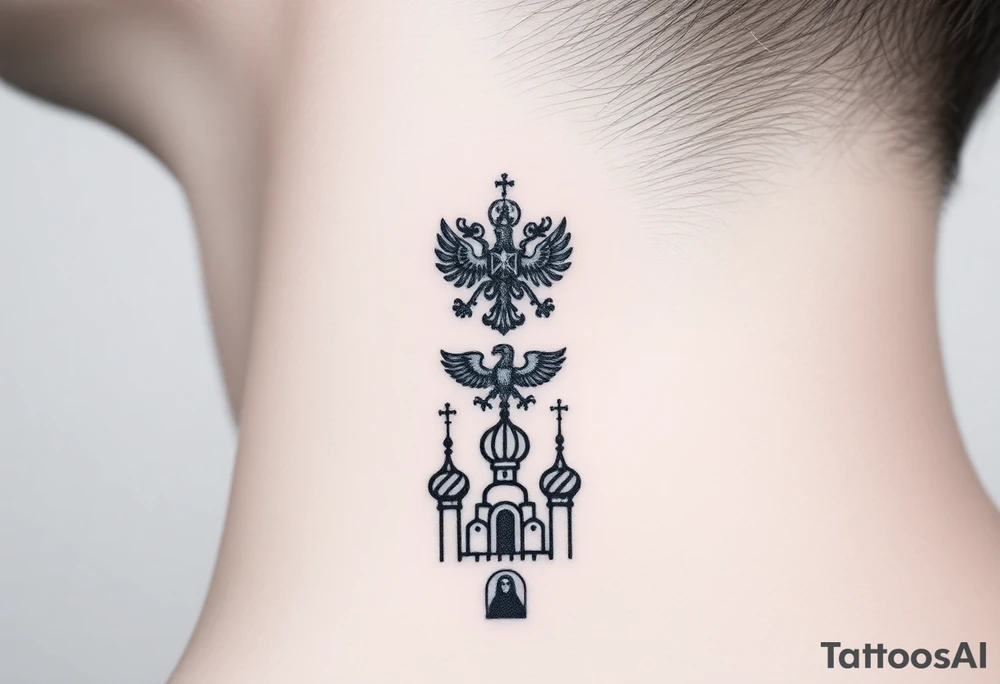 Stacked Vertical Column 

Russian star — small, bold
Middle: Miniature double-headed eagle — simplified, cleaner lines to suit the smaller space
Bottom: Orthodox church dome(s) with a small Virgin Mary silhouette beneath tattoo idea
