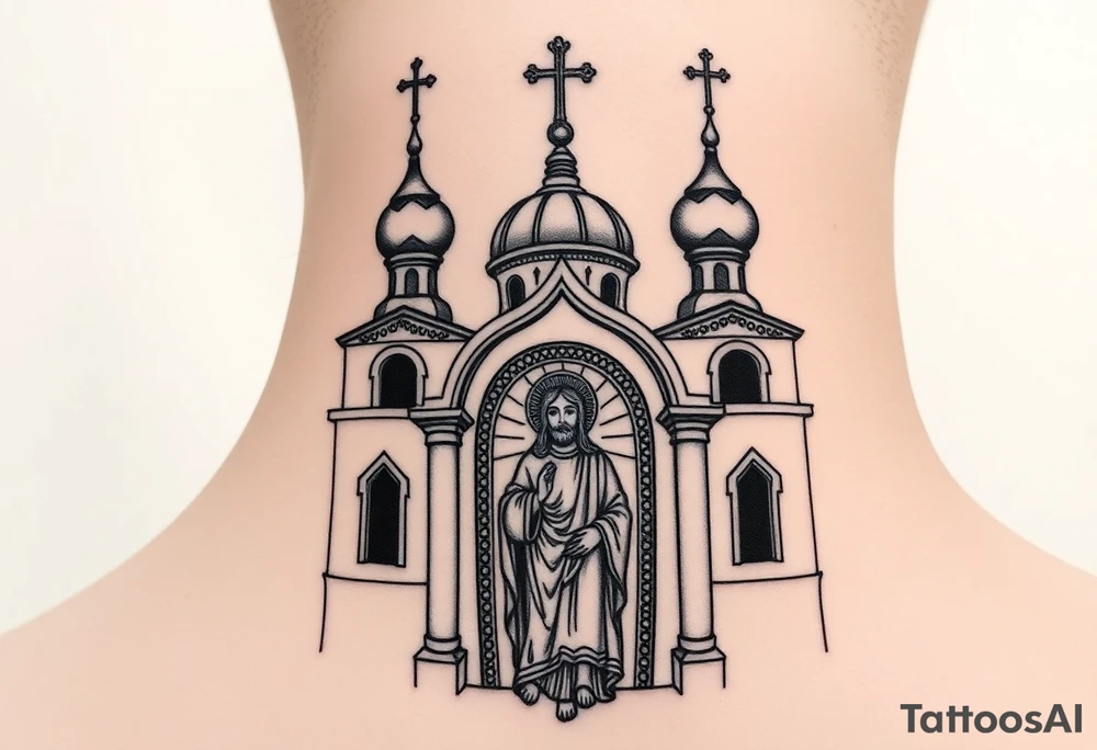 medium sized Russian orthodox church with bulb domes with a prominent russian orthodox mosaic jesus tattoo idea