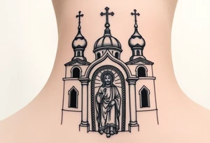 medium sized Russian orthodox church with bulb domes with a prominent russian orthodox mosaic jesus tattoo idea