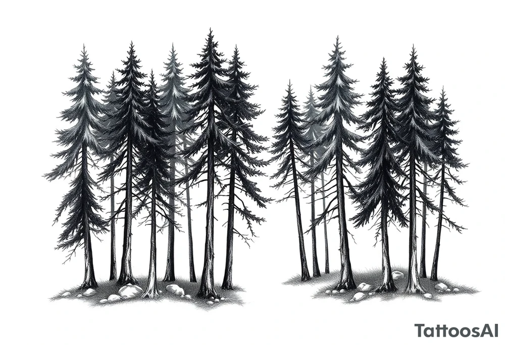 Needle forest with black and gray trees tattoo idea