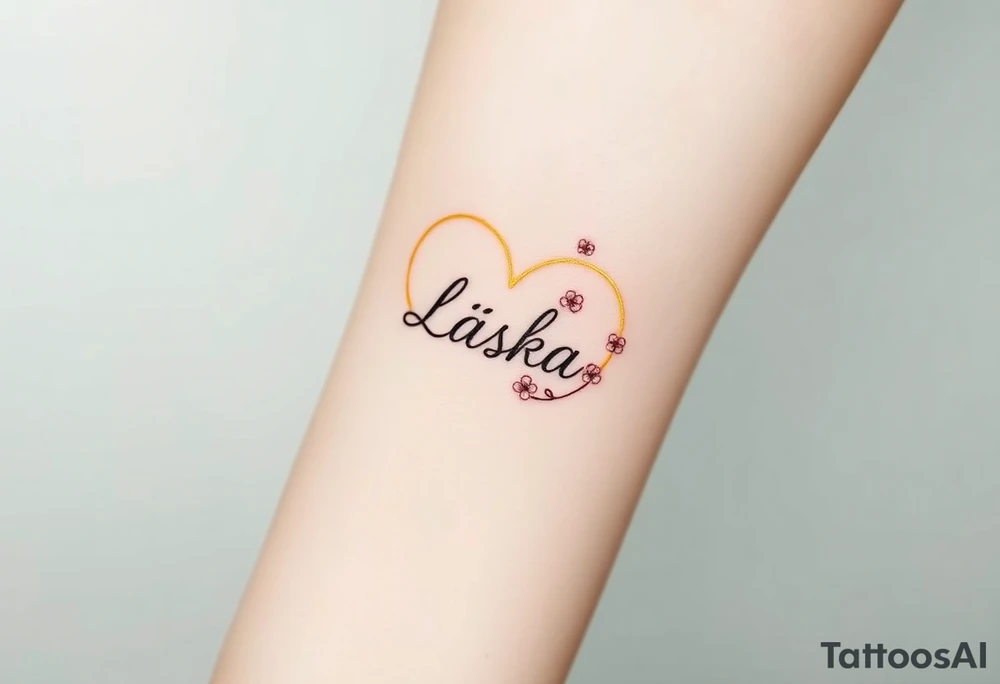 A golden infinity loop with tiny cherry blossoms surrounding the word "Láska", representing beauty, romance, and fleeting yet eternal love tattoo idea