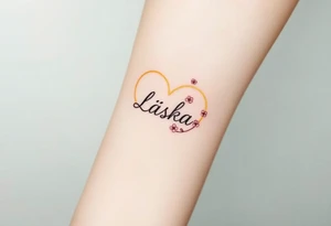 A golden infinity loop with tiny cherry blossoms surrounding the word "Láska", representing beauty, romance, and fleeting yet eternal love tattoo idea