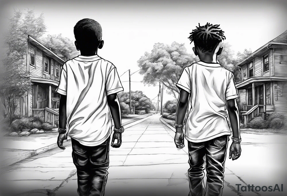3 black school age brothers walking away together  you can see their full bodies and one is looking to the side showing the side of his face tattoo idea