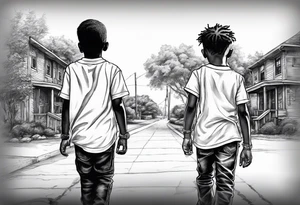 3 black school age brothers walking away together  you can see their full bodies and one is looking to the side showing the side of his face tattoo idea