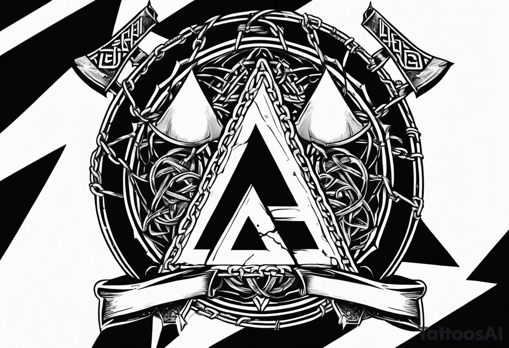 Valhalla sword shield axe barbed wire chains valknut fire tattoo idea Valhalla sword shield axe barbed wire chains valknut fire tattoo idea