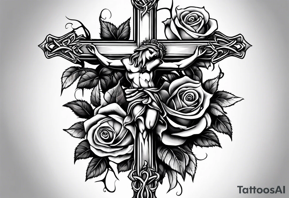 Roses with thorns wrapped around a crucifix tattoo idea