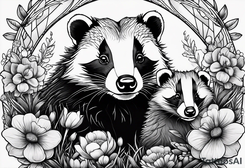 A badger with a cub in a field of flowers, realistic in center and getting more trippy towards the edges tattoo idea