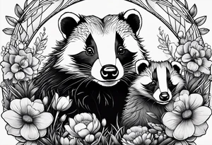 A badger with a cub in a field of flowers, realistic in center and getting more trippy towards the edges tattoo idea