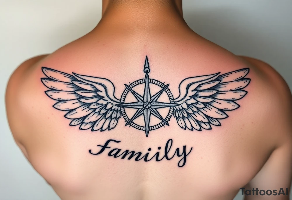 family written in norsk underneath that have the norsk compass and underneath that have the valkyrie wings supporting the compass tattoo idea
