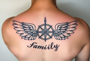 family written in norsk underneath that have the norsk compass and underneath that have the valkyrie wings supporting the compass tattoo idea