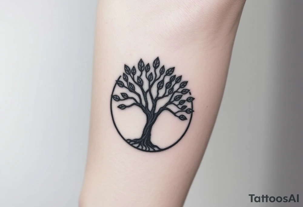 Tree with few leaves encircled in a spiral circle starting from the center of the tree tattoo idea