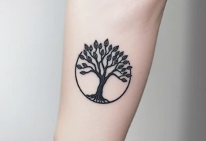 Tree with few leaves encircled in a spiral circle starting from the center of the tree tattoo idea