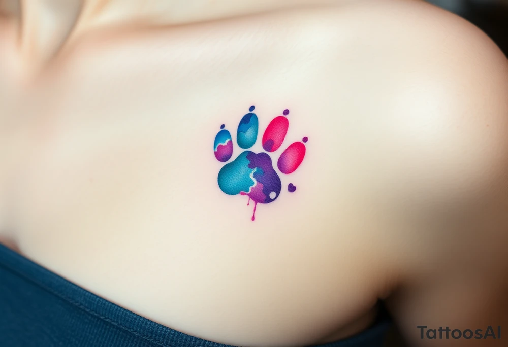 A watercolor-style paw print in the shape of a heart, blending vibrant hues of pink, blue, and purple, creating a soft and artistic splash effect tattoo idea