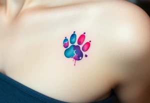 A watercolor-style paw print in the shape of a heart, blending vibrant hues of pink, blue, and purple, creating a soft and artistic splash effect tattoo idea