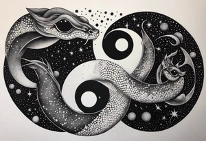 Yin and yang Snakes wrapping around the moon phases and hades and Persephone constellations tattoo idea