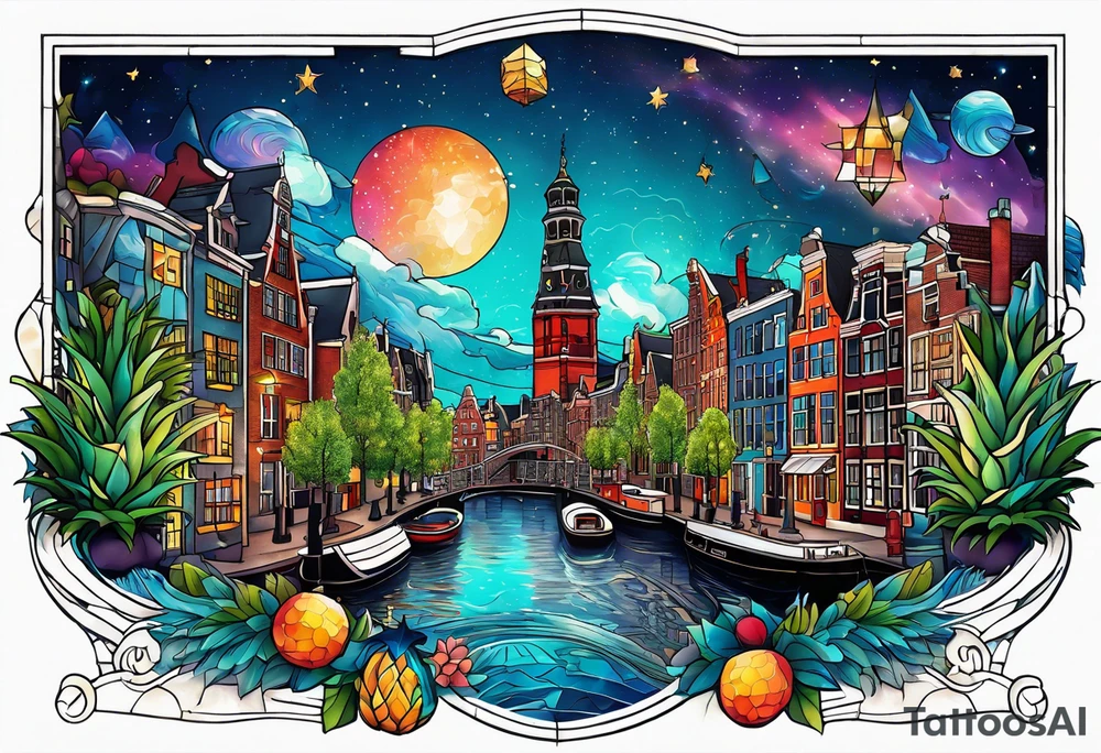 Tattoo of water in space featuring animals featuring Amsterdam buildings and canal in galaxy colours featuring animals and pineapples tattoo idea