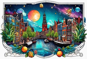 Tattoo of water in space featuring animals featuring Amsterdam buildings and canal in galaxy colours featuring animals and pineapples tattoo idea