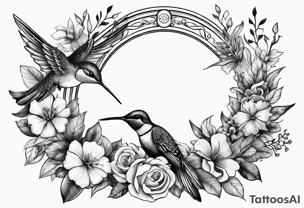 floral wreath with humming birds in the middle tattoo idea