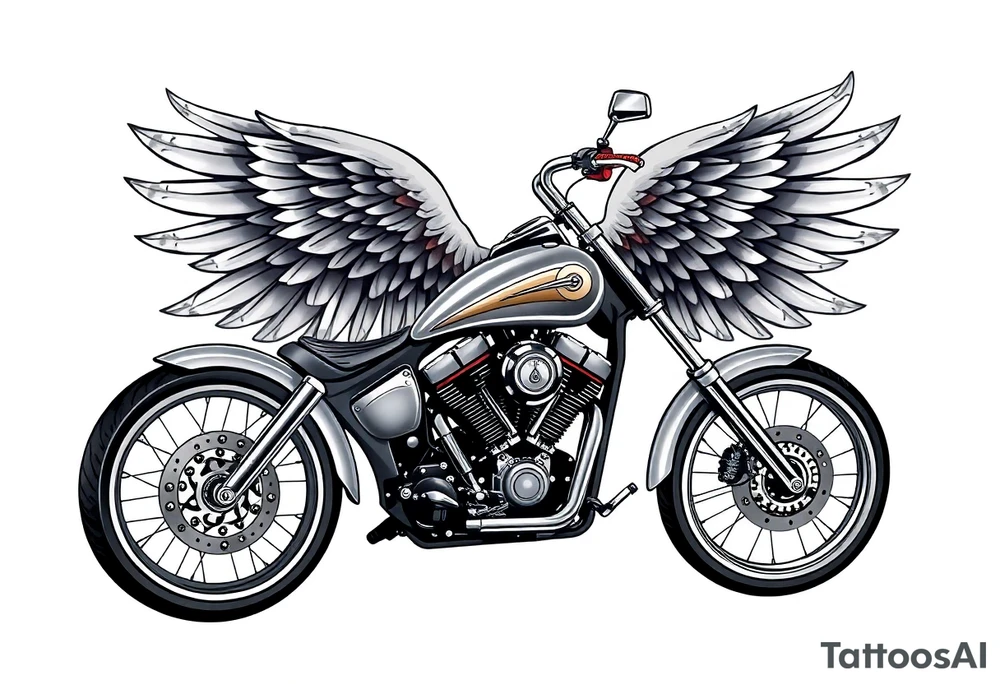 Low rider grey motorcycle, flames, angel wings tattoo idea