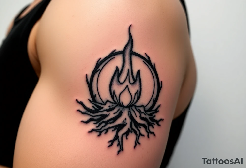 a round flame imprisoned in a roots circle tattoo idea