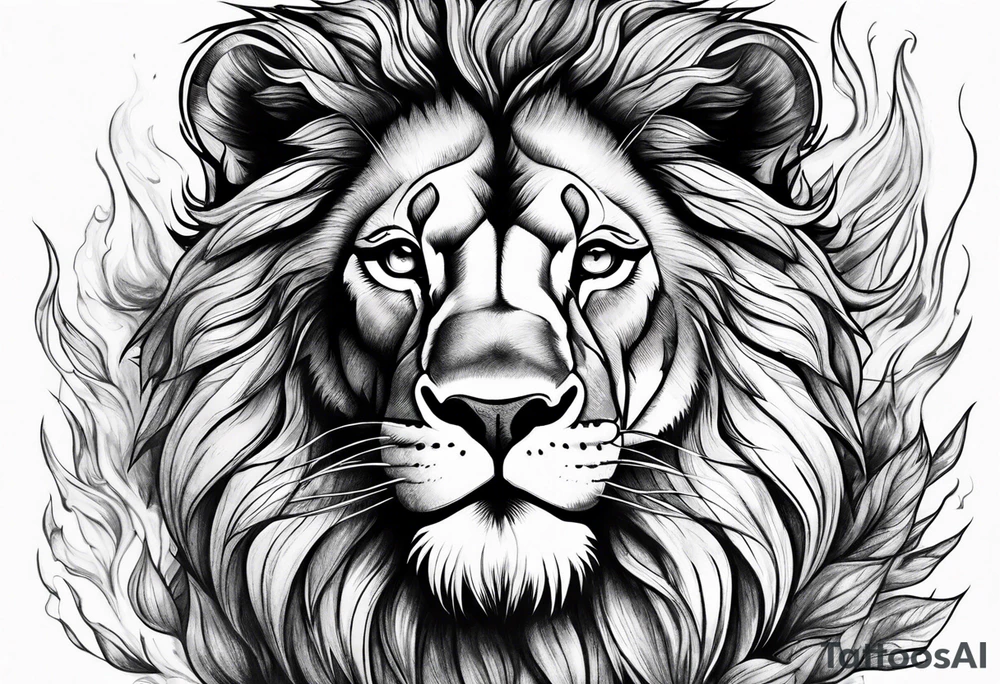 A smiling lion surrounded by fire in full color tattoo idea