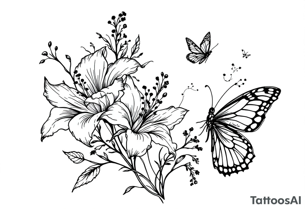 A delicate and highly detailed tattoo design featuring elegant flowers and two butterflies, symbolizing family, love, and the bond between a mother and her children. The flowers, such as lilies or peonies, represent protection, beauty, and unconditional love. Two butterflies gracefully flying around the flowers symbolize the children, Zackary and Charlie, representing their growth and freedom. Their names should be subtly integrated into the design, either along the stems of the flowers, within the butterfly wings, or in an elegant script flowing naturally with the composition. tattoo idea