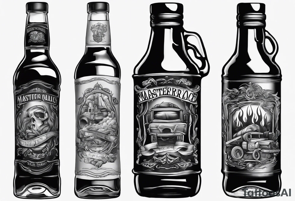 Flaming rag hanging out of whiskey bottle tattoo idea