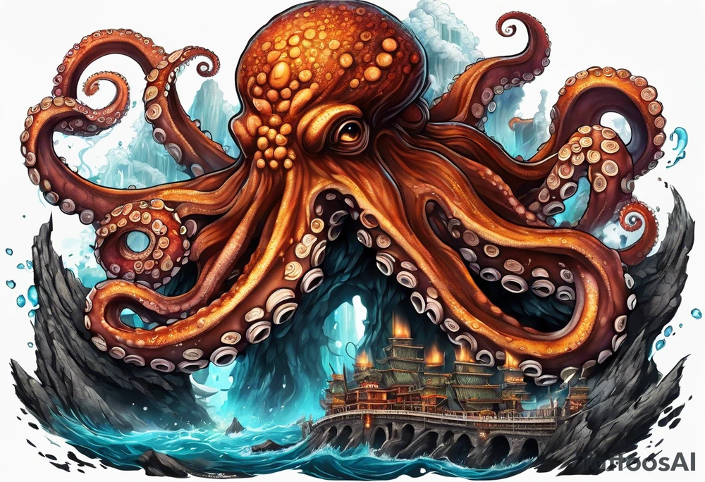 Octopus volcano bridge tattoo idea