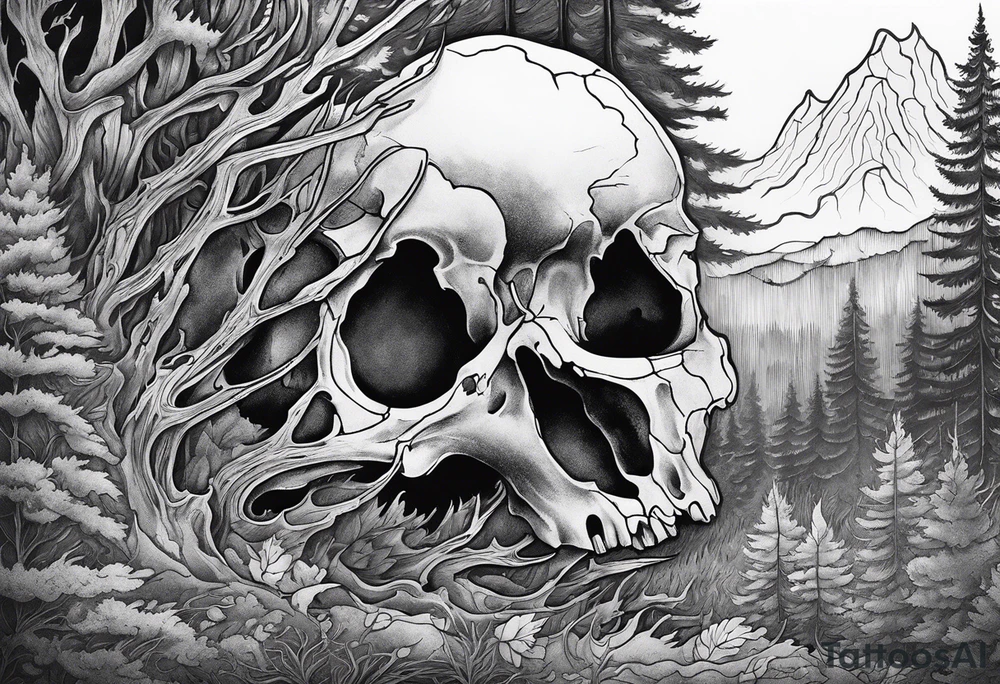 scary side view of a DECAYING deer skull JUST BONE surrounded by a forest fire in background tattoo idea