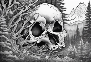 scary side view of a DECAYING deer skull JUST BONE surrounded by a forest fire in background tattoo idea