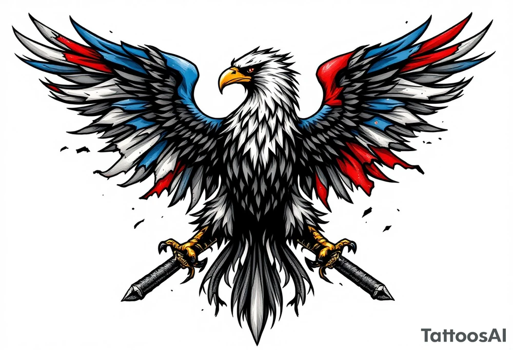 Battle-Worn Silesian Eagle with Torn Banners – A strong, battle-scarred eagle with ripped blue, red and white banners flowing behind it, representing the resilience of Silesia. The eagle's claws clutch an old sword or a scroll with historical inscriptions, adding a storytelling element. tattoo idea
