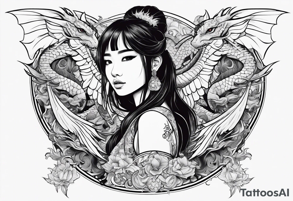 a girl seen from far, surrounded by asian dragon with wings tattoo idea