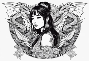 a girl seen from far, surrounded by asian dragon with wings tattoo idea