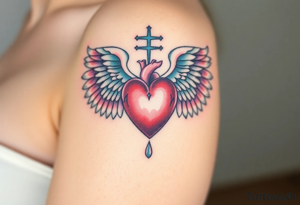 catholic sacred heart with angel wings tattoo idea