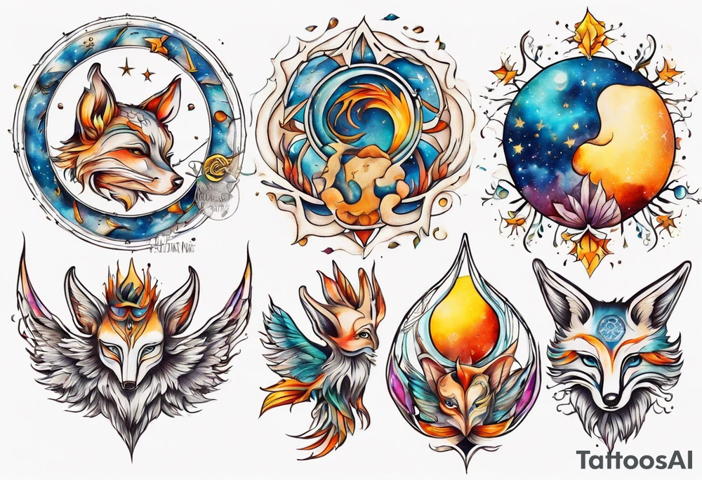fisch, fuchs und eule , symetrie  sonne, universum, bunt, " sapere aude" tattoo idea