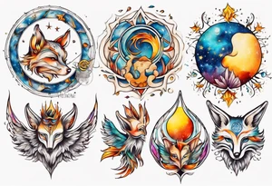 fisch, fuchs und eule , symetrie  sonne, universum, bunt, " sapere aude" tattoo idea