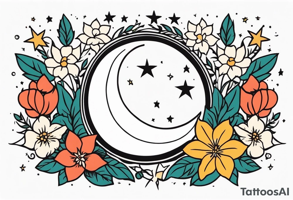 stars and moon

old school vintage simple traditional design with vintage flowers surrounding
bold color simple tattoo idea