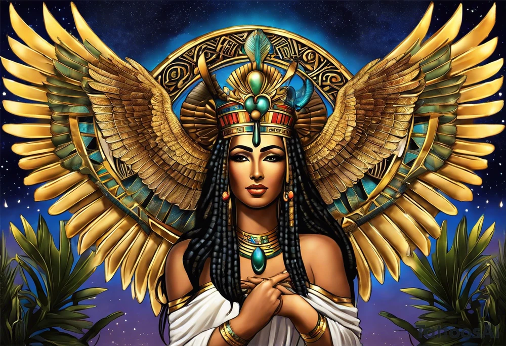Egyptian goddess Isis, who is often depicted as a woman with outstretched wings, holding an ankh (a symbol of life) in one hand and a lotus flower in the other. Her headdress often includes a throne or a solar disk. The tattoo design can vary in style and size, but it typically aims to capture the essence of this revered Egyptian deity, emphasizing her beauty, power, and maternal qualities. The choice of colors and additional elements can also be customized to create a unique and visually striking representation of the goddess Isis in black and white tattoo idea