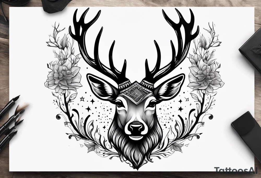 Strong deer with antlers with universe as eyes tattoo idea