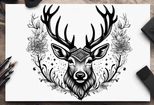 Strong deer with antlers with universe as eyes tattoo idea