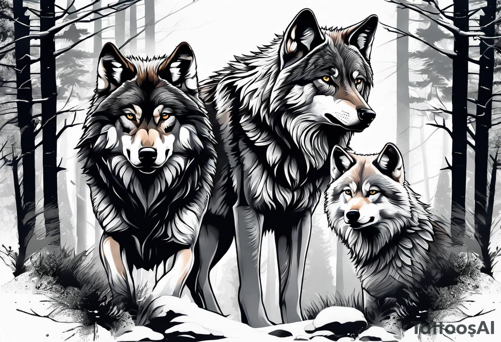 Alpha wolf protecting 2 cubs in forest tattoo idea