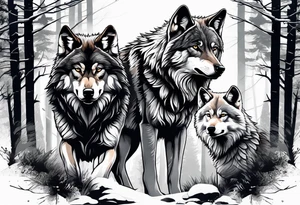 Alpha wolf protecting 2 cubs in forest tattoo idea